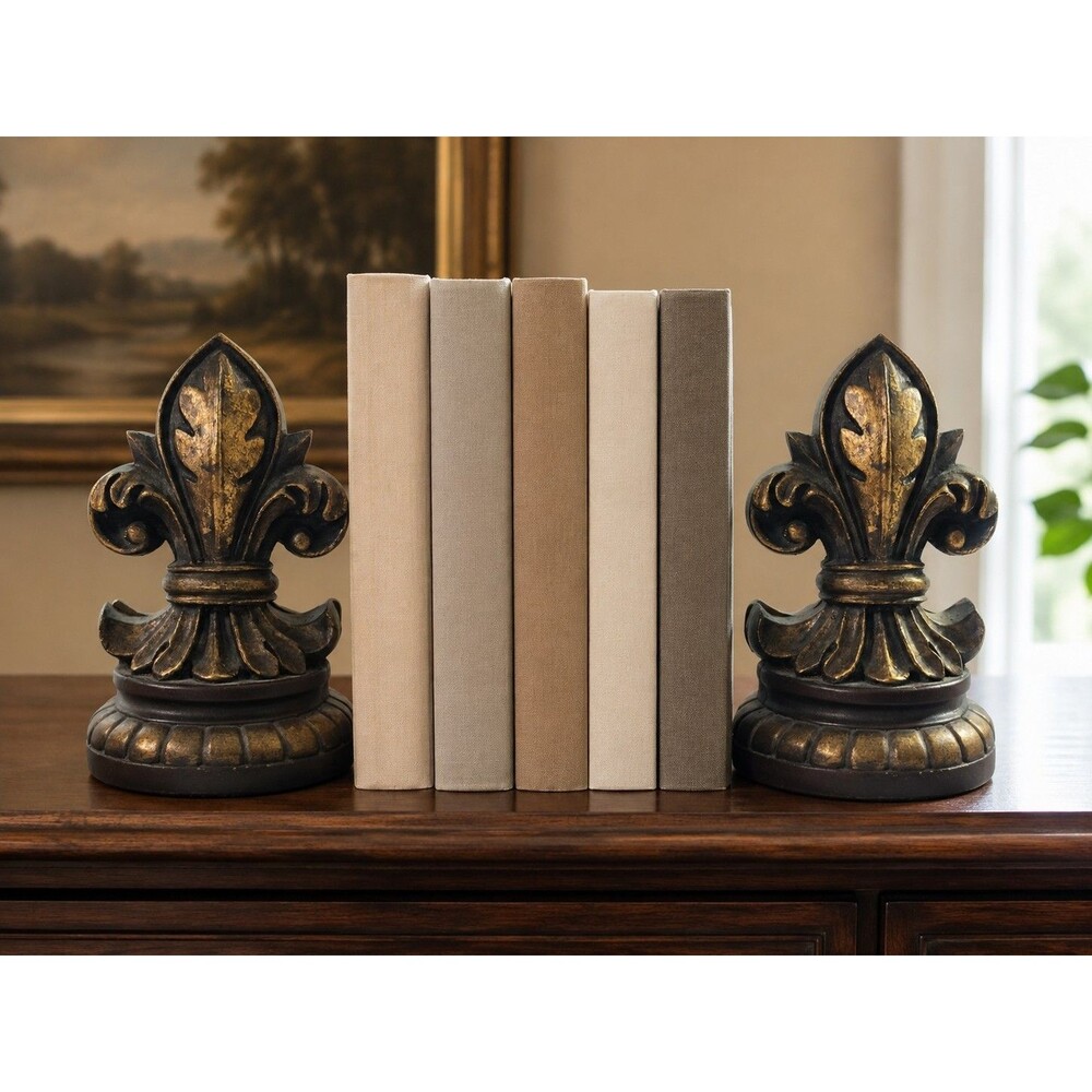 Pair of Ornate Fleur-de-Lis Bookends Bronze Gold-Tone French Style Home Decor